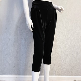 秀巧5179黑色丝绒7分裤，高腰松紧弹力舒适女装，纯色哈伦裤