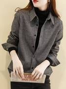 灰色磨毛格子衬衫女士，2024春秋季韩版洋气，长袖polo领衬衣外套