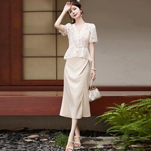 新中式国风连衣裙女穿搭套装夏季高级感名媛修身包臀一步裙两件套