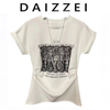 daizzei~白色t恤收腰显瘦遮肉女飞飞袖，纯棉立体蕾丝字母短袖上衣