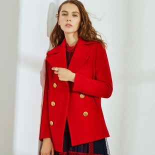 西装领双排扣羊毛毛呢外套女春装复古风大红色保暖外搭短大衣