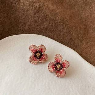 小众设计感粉色锆石水晶花朵耳钉女韩国复古个性百搭气质耳环耳饰