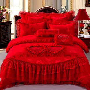 婚庆床组四件套纯棉，蕾丝床罩w被套结婚床上用品六七八件套大红色