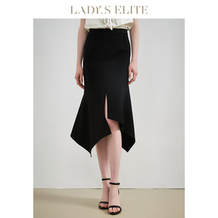 ladyselite慕裁黑色女士半身裙，女2023高腰，鱼尾性感开衩长裙