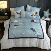 儿童床单四件套男孩纯棉卡通被套，1.2米1.5床笠式，全棉三件套蓝60支