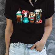 Cartoon Cow T Shirt 时尚奶牛咖啡印花休闲大码女士T恤上衣服
