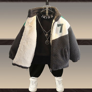 男童冬装加绒毛毛衣，外套韩版儿童拼色立领，加厚2023冬季童装潮