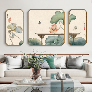 新中式客厅装饰画沙发背景墙禅意，荷花茶室三联中国风八边形挂画