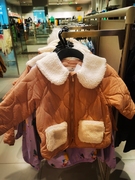 HM购韩版童装女童娃娃领大翻领羊羔毛拼接棉服外套1094076