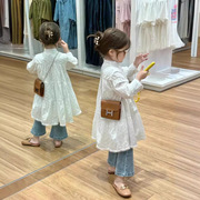 韩国童装2023女童春装气质仙女白色提花立领长袖衬裙公主连衣裙