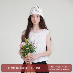 wiccowinnie2024春少女玫瑰花蕾丝小飞袖，肌理棉感短袖衬衫