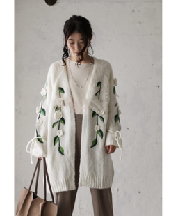 日本原单高端女装针织立体花朵中长款超美腻V领针织开衫上衣