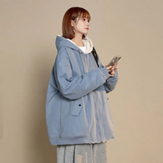 秋冬韩版学院风奶蓝色两面穿连帽棉服学生宽松加绒加厚棉衣外套女