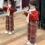 韩版2024冬季女童洋气新年拜年服红色套头毛衣加厚格子直筒裤