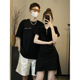 小众设计感情侣装夏季韩版短袖t恤男女连衣裙法式一裙一衣ins潮牌