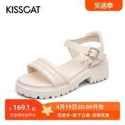 kisscat接吻猫夏季圆头露趾牛皮，一字扣厚底，休闲凉鞋女ka21398-51