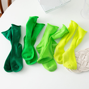 2双装绿色袜子女中筒袜，ins潮荧光绿春夏，薄款纯棉网红卷边堆堆袜