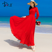 夏季红色雪纺长袖连衣裙，女长款到脚踝2024年气质，显瘦超长裙子