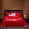 梦洁中式刺绣婚庆长绒棉提花，床单款大红色结婚六件套情深深