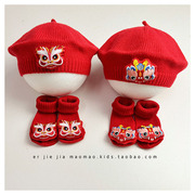 婴儿帽子红色秋冬贝雷帽男女宝宝，喜庆新年幼儿，针织帽子袜子套装潮