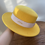 日系气质黄色羊毛呢平顶礼帽，时尚休闲凹造型保暖复古毛呢帽子男女