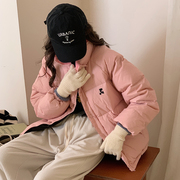韩版小众潮牌粉色羽绒服立领加厚宽松白鸭绒(白鸭绒，)男女情侣冬季外套