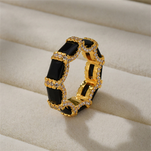 镶钻黑玛瑙花环戒指女欧美小众，设计复古轻奢高级感大气黑金指环