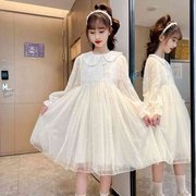 女童裙子春季装娃娃领米白色，盘扣改良版旗袍连衣裙长款女童纱裙