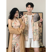 新中式情侣装夏季小众设计高级感短袖衬衫男女两件套法式一裙一衣