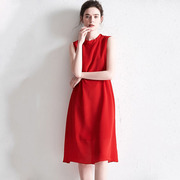 高端春夏季欧美宽松裙子，时尚气质红色真丝，无袖背心a字连衣裙