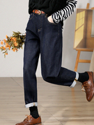 谷家复古高腰深蓝色牛仔裤子，舒适显瘦撞色线，九分休闲长裤跨裤