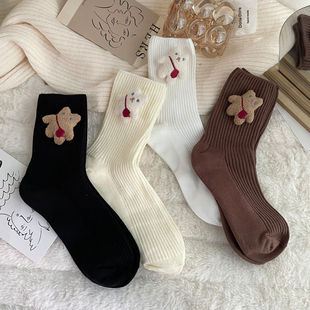 2双黑白可爱手工玩偶袜子女纯棉，春秋堆堆袜韩国个性网红布偶短袜
