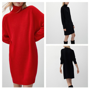 西班牙单2023春季针织羊毛，女士简约风，红色高领套头连衣裙子