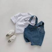 ins韩版童装夏季婴儿牛仔，背带裤短袖t恤套装男女宝宝休闲两件套潮