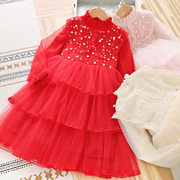 女童红色连衣裙秋冬毛衣长袖针，织网纱亮片小女孩，蛋糕裙儿童裙