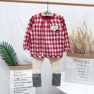 韩国中小童装 23秋女童宝宝红色格子纯棉卫衣 加绒打底裤套装