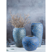 复古新中式蓝色泡泡釉粗陶插花器陶瓷干花瓶高颜值客厅装饰品摆件