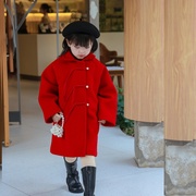 女童复古盘扣加棉尼，大衣2023冬装年服宝宝，大红色外套儿童保暖大衣