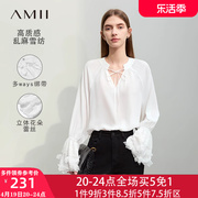 amii蕾丝雪纺衫女2024春季v领喇叭袖，仙女上衣打底衫设计感