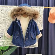 儿童真毛领外套宝宝加绒冬装连帽中长款牛仔外衣男童女童冬季棉服