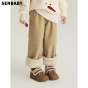 Senbaby童装女童冬装加绒灯芯绒休闲直筒裤中大童羊羔绒翻边长裤