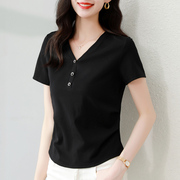 v领黑色短袖t恤女夏季2025新款爆款半袖修身显瘦上衣正肩高端体恤