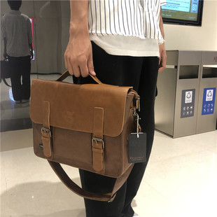 threebox韩国日系男士手提包，复古商务单肩包女斜挎文件公文电脑包