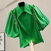 法式轻奢时尚灯笼泡泡袖气质，女设计感衬衫休闲名媛，别致绿色上衣夏