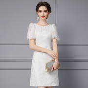 枝荔白色连衣裙2024女夏装正式场合精致珍珠提花高腰A字裙子