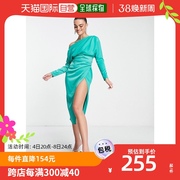 香港直邮潮奢asos女士，设计露肩缎面，褶裥紧身胸衣绿色中长连衣裙