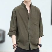 夏季立领衬衫5分袖衬衣日系宽松大码男士半袖韩版潮流休闲纯色