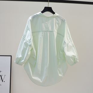 小清新淡绿色棉衬衫女设计感拼接包边宽松衬衣2023春夏文艺范上衣