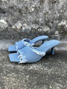 stradivarius2024春夏音符牛仔布，方头复古高跟女拖鞋，女凉鞋