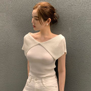 韩国chic夏季温柔气质翻领正反两穿弹力修身显瘦短袖套头针织衫女